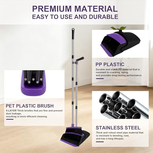 Broom and Dustpan Set, Upright Purple Broom with Dustpan Combo Set 51" Long Handle, Self Cleaning Dust Pan for Home, Kitchen and Office - color: Purple, size: Standard