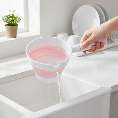 2Pcs Collapsible Water Ladle Bathroom, Foldable Water Scoop & Dipper, Travel Tabo Portable Rinse Cup for Hair Washing Cleaning Soaking, Kitchen Garden Camping, Small Plastic Shower Bucket Pourer Mug