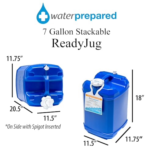 WaterPrepared ReadyJug 7 Gallon Water Storage Container with Built-In Spigot, Blue - Stackable Portable Emergency Tank for Camping