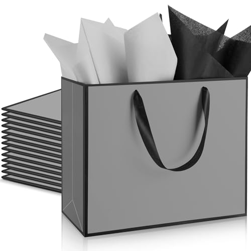 ReliThick 12 Pack Paper Gift Bag with Handles & Tissue, Gray, Black - color: Grey, Black