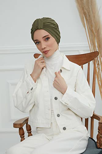 Aisha's Design Instant Turban Plain Cotton Scarf Head Wrap Lightweight Hat Bonnet Cap for Women - color: Khaki