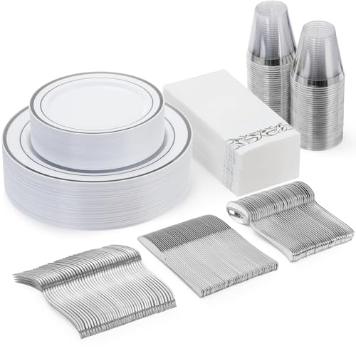 Goodluck 175 Pcs Silver Dinnerware Sets for 25 Guests, Disposable Plate Set - color: Silver, style: 25 Guests