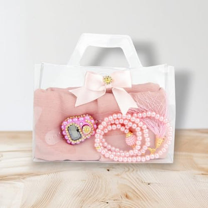 Premium Hijab Gift Set – 3-Piece Muslim Set with Chiffon Scarf, Prayer Beads (Tasbih) & Zikr Counter - color: Pink