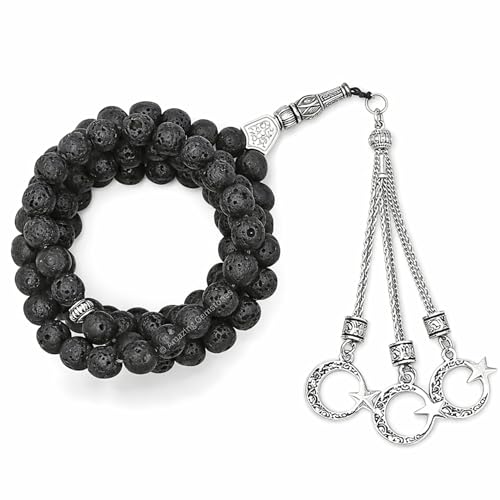 Amazing Gemstone Lava Stone Tasbeeh with Moon and Star Charm - Certified Crystal Muslim Prayer Beads Natural Gemstone Tasbih Gift for Ramadan Dhikr and Daily Namaz (S) - color: Lava Stone