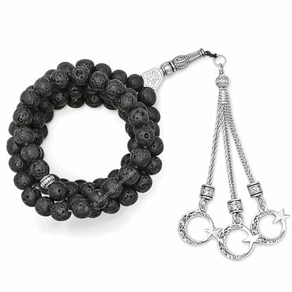 Amazing Gemstone Lava Stone Tasbeeh with Moon and Star Charm - Certified Crystal Muslim Prayer Beads Natural Gemstone Tasbih Gift for Ramadan Dhikr and Daily Namaz (S) - color: Lava Stone