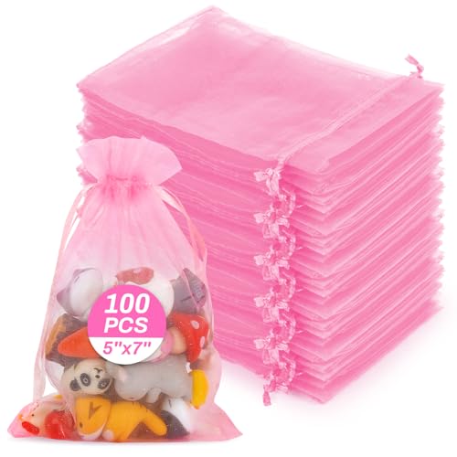 Sukh Pink Organza Bags 5"x7" - 100PCS Small Mesh Drawstring Gift Bags - color: Pink, size: 100 Count (5 x 7 Inches)
