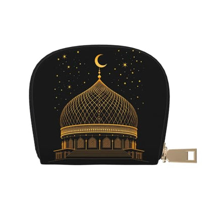 Elegant Islamic Style RFID Blocking Semi Circle Card Holder PU Leather Zipper Wallet Pouch Keychain Bag for Women Men, Slim Small Credit Card Case Organizer with 12 Slots - color: Elegant Islamic Style