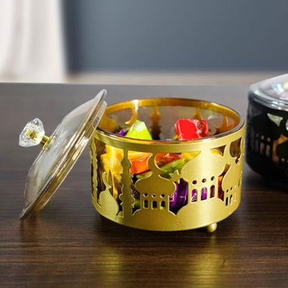Ciieeo Ramadan Serving Trays 2pcs Round Candy Dish with Lid Metal Eid Mubarak Snack Tray Sugar Storage Bowl Islam Plate Muslim Party Table Decor Golden