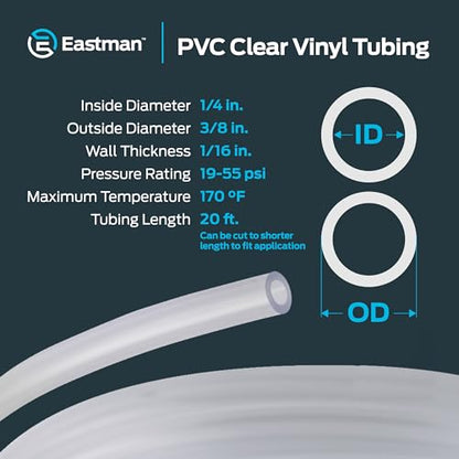 Eastman 1/4 Inch ID (3/8 Inch OD) PVC Clear Vinyl Tubing, 20 Foot Length, 98563 - size: 1/4 in. ID x 3/8 in. OD, style: 20 Ft.