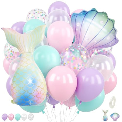Mermaid Balloons, 12 Inch Pink Purple Balloons with Seashell Foil Balloons - color: Pink, size: 30PC