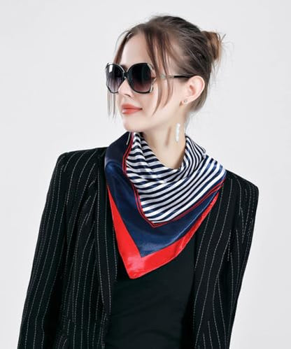 QBSM Womens 23.6 inch Satin Silk Feeling Formal Square Neck Scarf Head Hair Wraps Kerchief - color: National Flag Stripe-navy