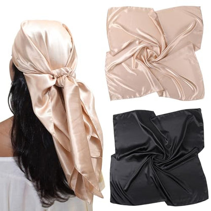 AWAYTR 35” Large Satin Square Head Scarf - 2Pcs Silk Like Floral Head Scarves Square Satin Hair Scarf Bandanas for Women - color: Solid Color(black/Camel)