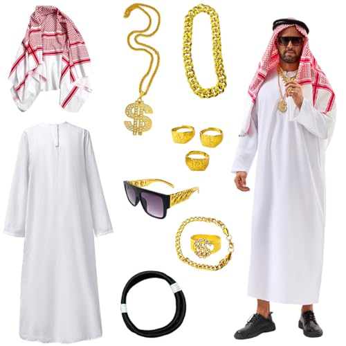 Men's Arab Costume Middle East Muslim Robe Adult Dubai Halloween Costume with Decoration Set - size: Large