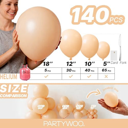PartyWoo 누드 풍선 140피스 다양한 사이즈 45.7cm(18인치), 30.5cm(12인치), 25.4cm(10인치), 12.7cm(5인치), 살구, 보헤미안 가을 뉴트럴 풍선 아치 키트, 가랜드, 졸업 생일 소년 베이비 샤워 테마 파티 장식, 브라운-F05 - color: Apricot-f05