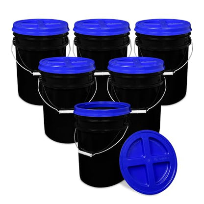 5 Gallon Bucket - Food Grade w/Lid BPA-Free, Black/Blue, 6 | Airtight Gamma Seal Screw-On Lid, Heavy-Duty 90 Mil HDPE Plastic, Food Safe and Durable Container, Bulk Storage, Made in USA - color: Black/Blue, size: 6 Packs