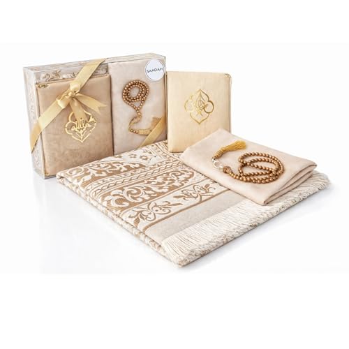 SAJADAH Muslim Prayer Rug Set - 4 in One Islamic Gifts Set, Prayer Mat, Prayer Beads, Hijab, Surahs Book,Eid Gifts - color: Light Brown