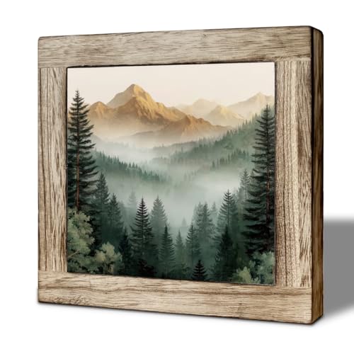 Rustic Mountain Landscape Wooden Block Sign - Misty Forest and Pine Trees, Vintage Nature Art for Home, Cabin, Office, Gift for Nature Enthusiasts - color: color34