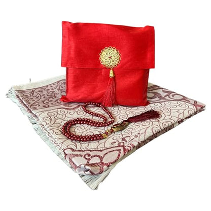Muslim Prayer Rug and Beads with Elegant Slub Fabric Bag | Janamaz | Sajadah | Soft Islamic Prayer Rug | Islamic & Mawlid Gifts | Prayer Carpet Mat, Taffeta Fabric (Red, 1 Sets) - color: Red, size: 1 Sets