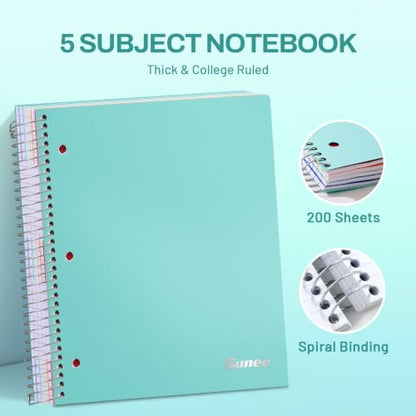 SUNEE 5 Subject Notebook College Ruled - 400 Pages, 9"x11", 5 Pocket Colored Dividers, 3-Hole Punched Paper, Teal - color: Teal, style: College Ruled