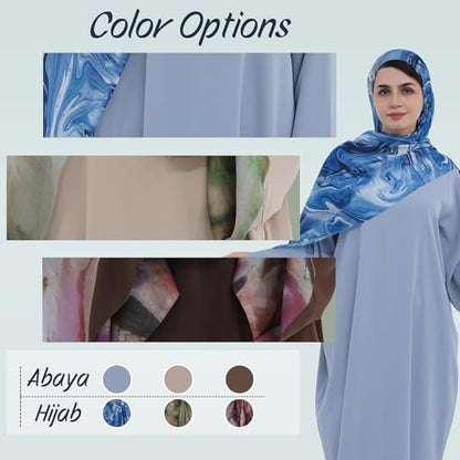 Printing Long Sleeve Abaya with Zipper for Women Dubai and Turkey Robe Spring and Summer Loose and Causual Dress - color: Blue+hijab, size: Medium