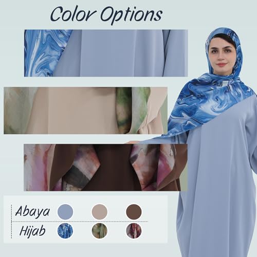 Printing Long Sleeve Abaya with Zipper for Women Dubai and Turkey Robe Spring and Summer Loose and Causual Dress - color: Blue+hijab, size: X-Large