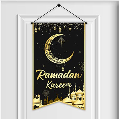 Tevxj Ramadan Mubarak Hanging Door Sign Ramadan Kareem Party Decorations Decorative Black Gold Moon Lantern Hanging Sign Banner for Ramadan Eid Mubarak Home Decor Ramadan Eid Party Supplies Favor - style: Ramadan Kareem
