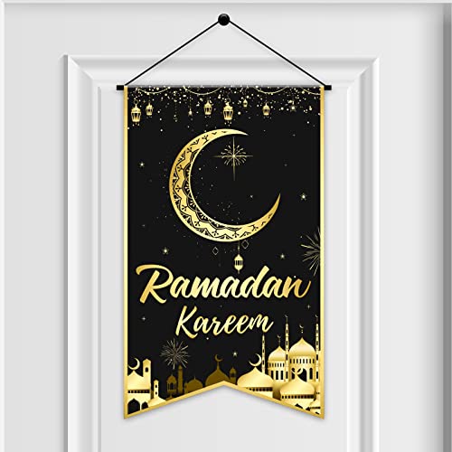 Tevxj Ramadan Mubarak Hanging Door Sign Ramadan Kareem Party Decorations Decorative Black Gold Moon Lantern Hanging Sign Banner for Ramadan Eid Mubarak Home Decor Ramadan Eid Party Supplies Favor - style: Ramadan Kareem