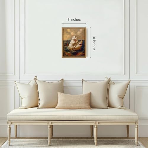 ICHZUMW Framed Funny White Cat Riding Shark Ocean Canvas Wall Art 8x10 In - color: White Shark Rider, size: 10"L x 8"W