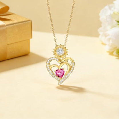 Midari Sunflower Necklace 18k Gold Plated Heart with Brithstone You Are My Sunshine Necklace Anniversary Birthday Sunflower Jewelry Gift for Women Wife Mom - color: 10-October
