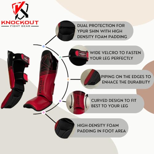 Muay Thai Shin Guards MMA Martial Arts -Padded, Adjustable Leg Guards with Instep Protection for Training and Sparring Gear Kickboxing Equipment – Durable, Professional - color: Red/Black, size: Large-X-Large
