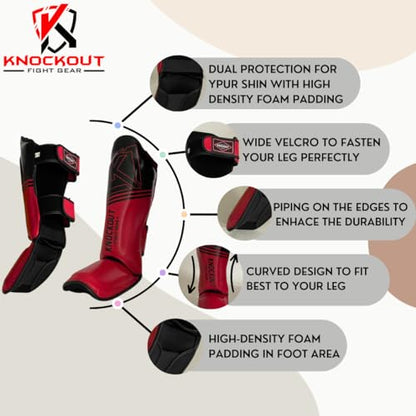 Muay Thai Shin Guards MMA Martial Arts -Padded, Adjustable Leg Guards with Instep Protection for Training and Sparring Gear Kickboxing Equipment – Durable, Professional - color: Red/Black, size: Small-Medium