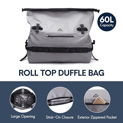 Haimont IPX7 Waterproof Roll-Top Dry Duffel Backpack | 60L/90L Sizes, 500D Tarpaulin, Welded Seams, Mesh Pockets, Boating & Kayaking - color: Light Gray, size: 60L