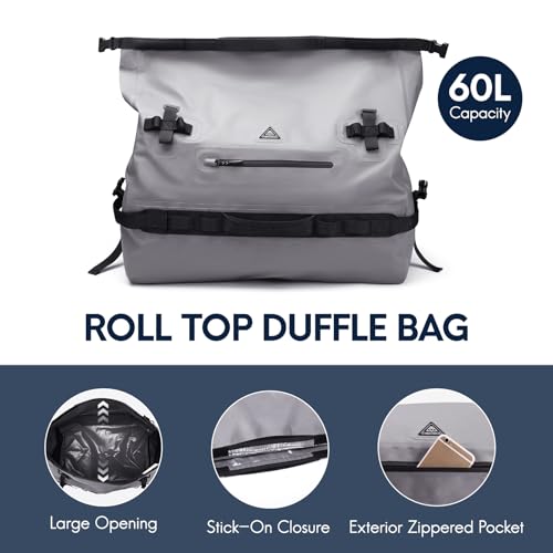 Haimont IPX7 Waterproof Roll-Top Dry Duffel Backpack | 60L/90L Sizes, 500D Tarpaulin, Welded Seams, Mesh Pockets, Boating & Kayaking - color: Light Gray, size: 90L