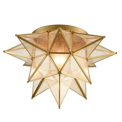 DAYCENT Gold Moravian Star Ceiling Light Fixture Modern Moroccan Seeded Glass Brass Flush Mount Ceiling Lights for Hallway Bedroom Kitchen, 18 Inches - color: Brass, size: 18-In