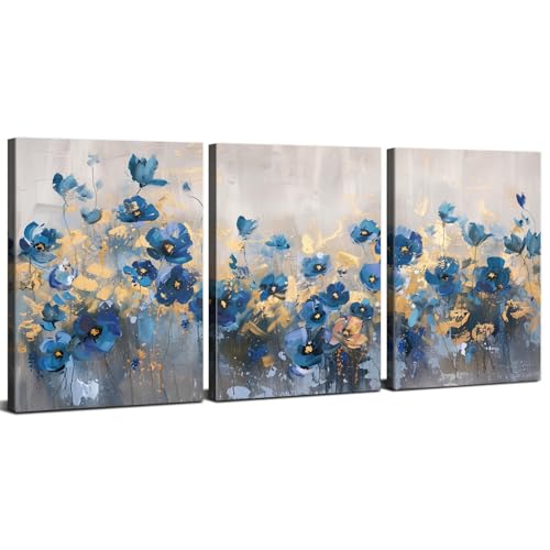 AIYISU Flower Wall Art Blue Wildflower Wall Decor Blue and Gold Floral Picture Farmhouse Blossom Canvas Prints Painting Modern Contemporary Artwork for Kitchen Living Room Home Decoration 16x24 3Pcs - color: Blue Flower, size: 24"L x 16"W