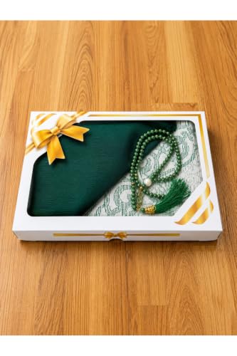 SODEF Islamic Prayer Rug, Headscarf, and Rosary Gift Set - Refined Design for Daily Use and Special Occasions - Green Cotton, 70 x 110 inches - Green, 28x43 inch
