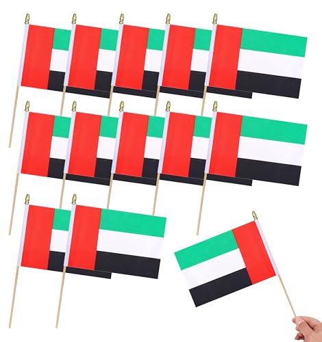 12Pcs Small United Arab Emirates Flags on Wooden Stick Mini UAE Flag Hand Held Flag Decorations,5x8 Inch