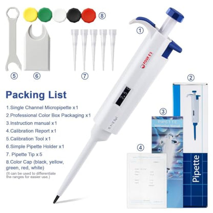 FOUR E'S SCIENTIFIC 0.1-2.5μL Pipette, Adjustable Volume Micropipette | Single-Channel Pipettor, Ergonomic Design, Precise Volume Dial - size: 01 (0.1-2.5uL)