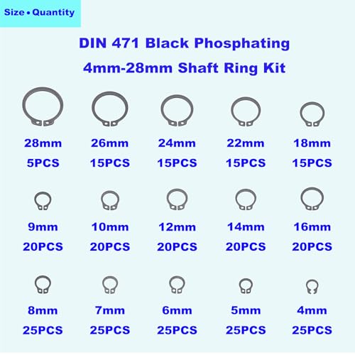 290PCS C-Clips External Retaining Ring Assortment Kit, Black | Phosphate Black Finish