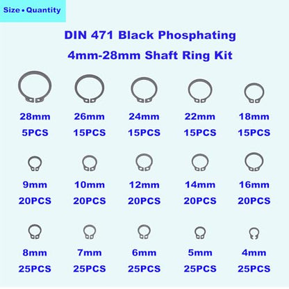 290PCS C-Clips External Retaining Ring Assortment Kit, Black | Phosphate Black Finish