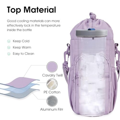 sportsnew 40oz Insulated Crossbody Water Bottle Bag Gym Hiking Phone Pocket | Water-resistant Lining, Padded Strap, Top Handle, Drawstring, Phone Pocket, Elastic Slots, Built-In Key Clip for Gym Walking - color: Purple