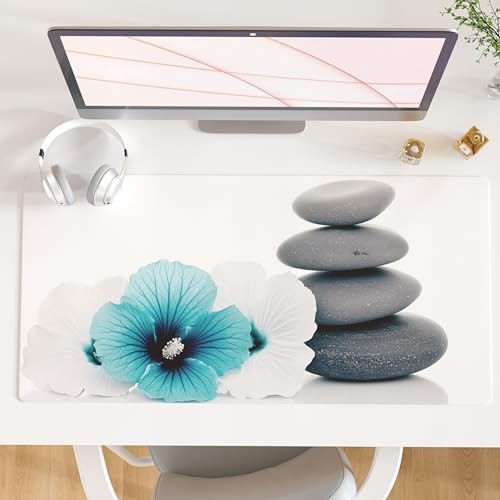 QiyI PU Leather Large Mouse Pad, 31.5" x 15.7", Pebbles Flowers | Desk Décor Accessories, Extended Size, Waterproof & Easy to Clean, Smooth Surface, Non Slip Desk Organization - color: Pebbles & Blue White Flowers, size: 31.5" x 15.7"
