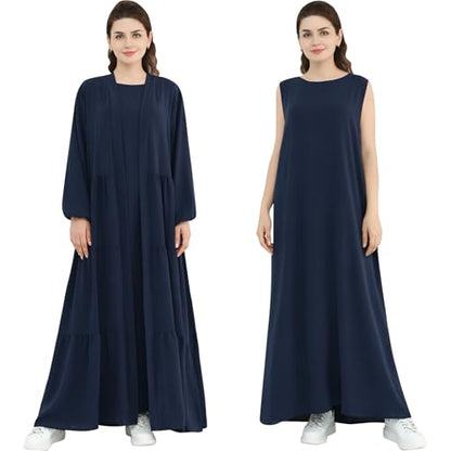 Women Muslim Abaya Dress 2PCS Soft Flowing Cardigan Dress Set Islamic Dubai Modest Kaftan Prayer Robe - color: Navy, size: Small
