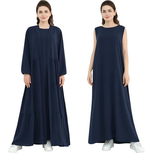 Women Muslim Abaya Dress 2PCS Soft Flowing Cardigan Dress Set Islamic Dubai Modest Kaftan Prayer Robe - color: Navy, size: Small