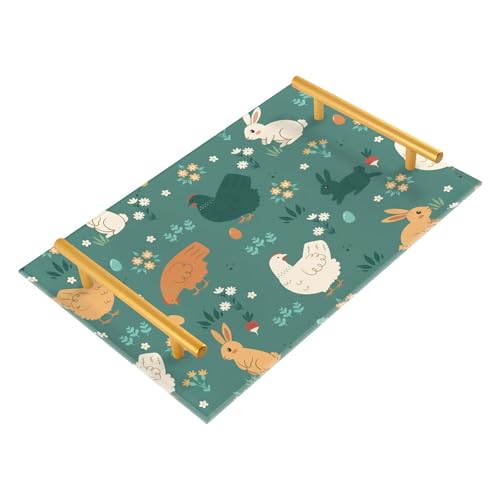 Bathroom Vanity Tray Counter Organizer, Chicken and Rabbit Pattern Decorative Tray with Handles Countertop Storage for Bathroom Bedroom Kitchen Home Farmhouse - color: Chicken and Rabbit Pattern