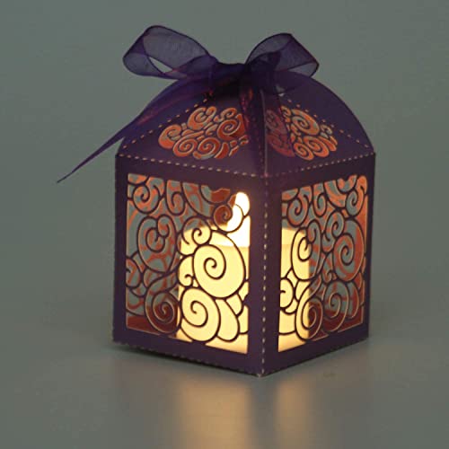 KPOSIYA 70 Pack Wedding Favor Boxes Laser Cut Boxes Party Favor Box Small Gift Boxes Lace Candy Boxes for Wedding Bridal Shower Baby Shower Birthday Party Anniverary with Ribbons (Purple, 70) - color: Purple 70