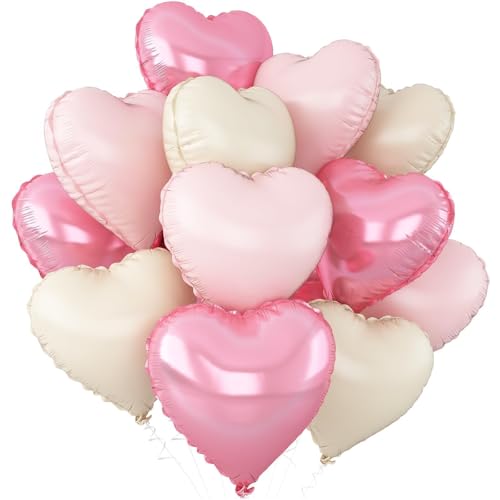 Pink White Heart Foil Balloons,12Pcs 18Inch Heart Shaped Balloons - color: Pink Cream