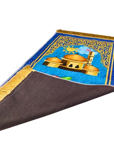 Muslim Kids Prayer Rug, Kids Prayer mat, Islamic Prayer Mat for Children with Free Tasbih and Cap - Ramadan Eid Gifts for Muslim Kids (Blue Set) - color: Blue Set