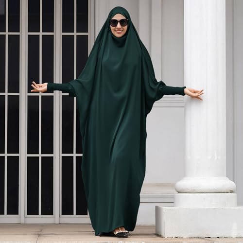 IDOPIP Muslim Abaya for Women One Piece Long Sleeve Islamic Prayer Dress with Hooded Hijab Maxi Kaftan Robe Modest Clothes - color: Blackish Green