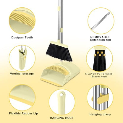 BSKLIN Broom and Dustpan Set for Home, 52" Long Handle Broom Set with Dustpan Teeth to Clean Hair Sweeping Indoor and Outdoor (Yellow) - size: Small-yellow